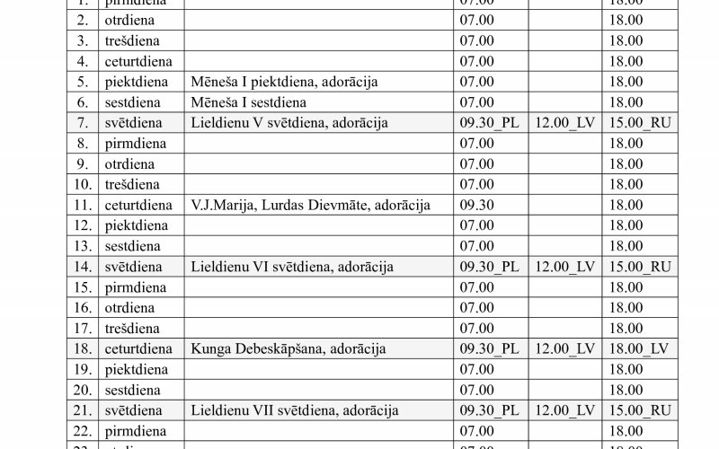 Svētās Mises un Vissvētākā Sakramenta adorācija MAIJĀ 2023