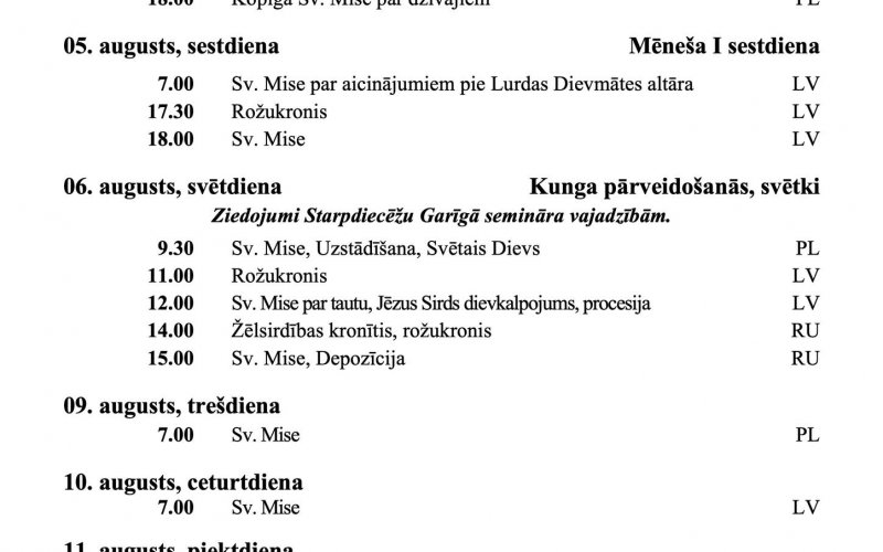 SVĒTDIENU UN SVĒTKU DIENU DIEVKALPOJUMU KĀRTĪBA  AUGUSTĀ