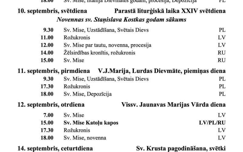 SVĒTDIENU UN SVĒTKU DIENU DIEVKALPOJUMU KĀRTĪBA SEPTEMBRĪ