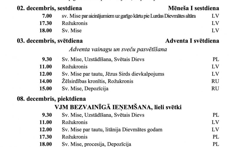 SVĒTDIENU UN SVĒTKU DIENU DIEVKALPOJUMU KĀRTĪBA DECEMBRĪ