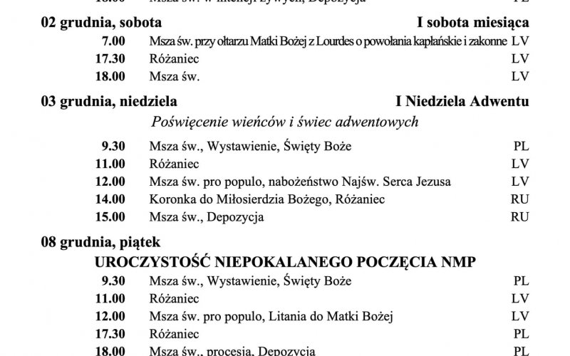 PORZĄDEK NABOŻEŃSTW W GRUDNIU