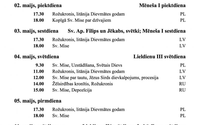 SVĒTDIENU UN SVĒTKU DIENU DIEVKALPOJUMU KĀRTĪBA MAIJĀ