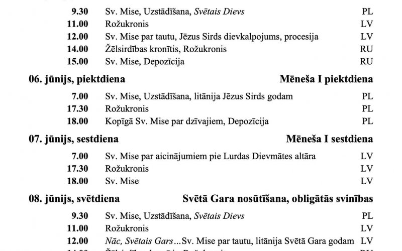 SVĒTDIENU UN SVĒTKU DIENU DIEVKALPOJUMU KĀRTĪBA JŪNIJĀ