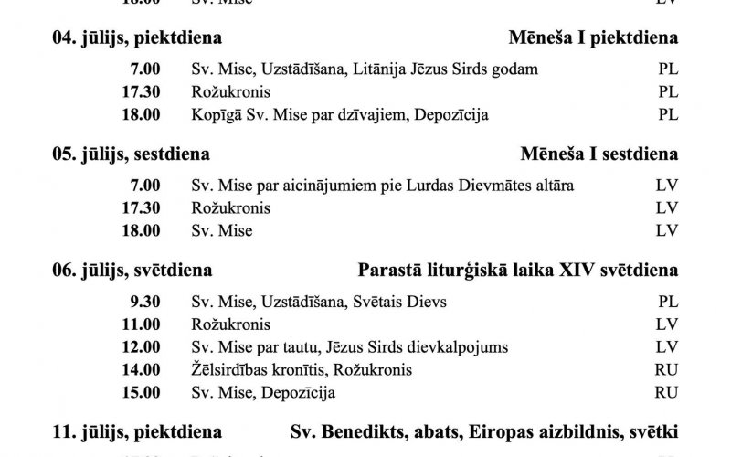 SVĒTDIENU UN SVĒTKU DIENU DIEVKALPOJUMU KĀRTĪBA JŪLIJĀ