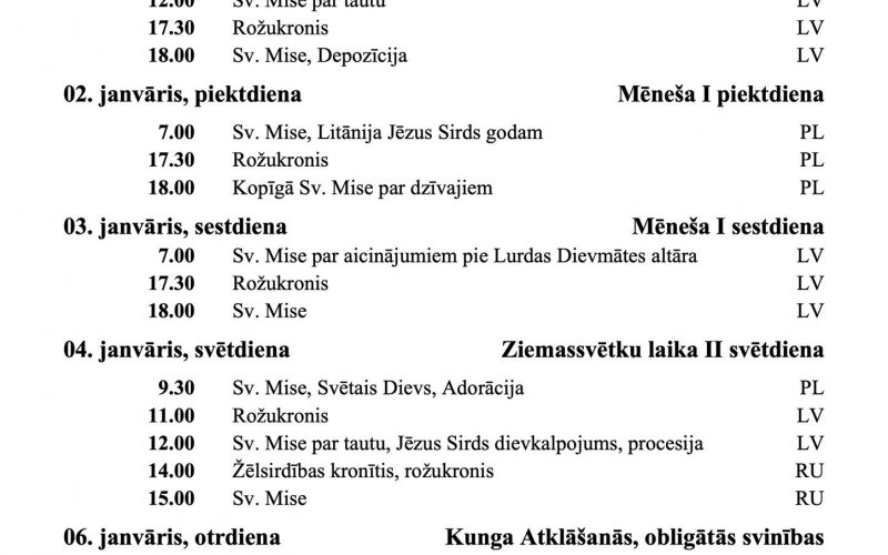SVĒTDIENU UN SVĒTKU DIENU DIEVKALPOJUMU KĀRTĪABA JANVĀRĪ