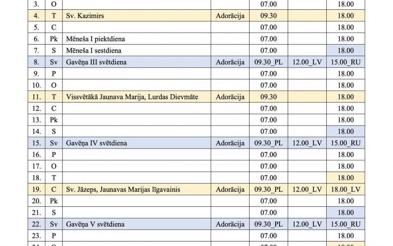 Svētās Mises un Vissvētākā Sakramenta adorācija 2026. gada martā